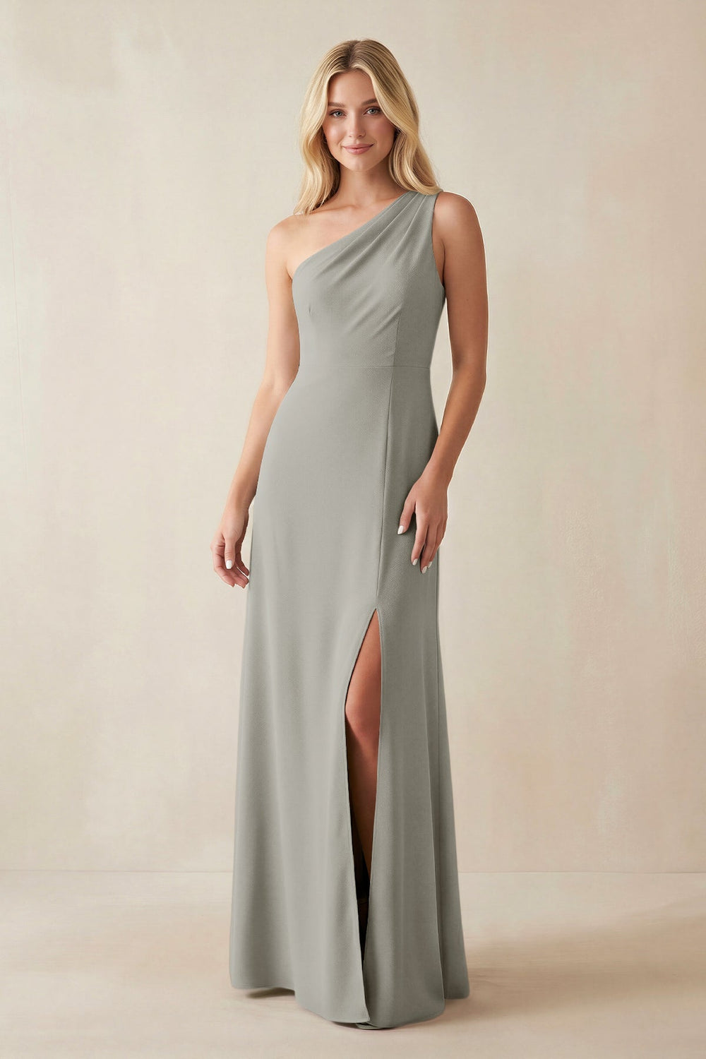 One - Shoulder Sheath Satin Bridesmaid Dress With Slit in Silver - KISS BRIDAL Bridesmaid Dresses