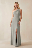 One - Shoulder Sheath Satin Bridesmaid Dress With Slit in Silver - SHE IS ME Bridesmaid Dresses