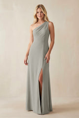 One - Shoulder Sheath Satin Bridesmaid Dress With Slit in Silver - KISS BRIDAL Bridesmaid Dresses