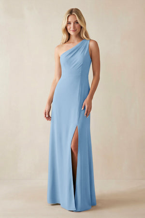 One - Shoulder Sheath Satin Bridesmaid Dress With Slit in Sky Blue - SHE IS ME Bridesmaid Dresses