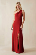 One - Shoulder Sheath Satin Bridesmaid Dress With Slit in Spice - SHE IS ME Bridesmaid Dresses