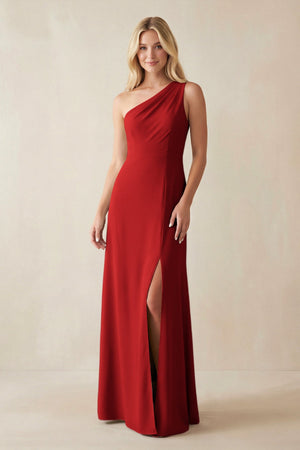 One - Shoulder Sheath Satin Bridesmaid Dress With Slit in Spice - SHE IS ME Bridesmaid Dresses
