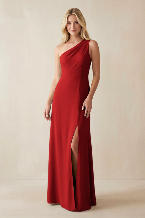 One - Shoulder Sheath Satin Bridesmaid Dress With Slit in Spice - SHE IS ME Bridesmaid Dresses