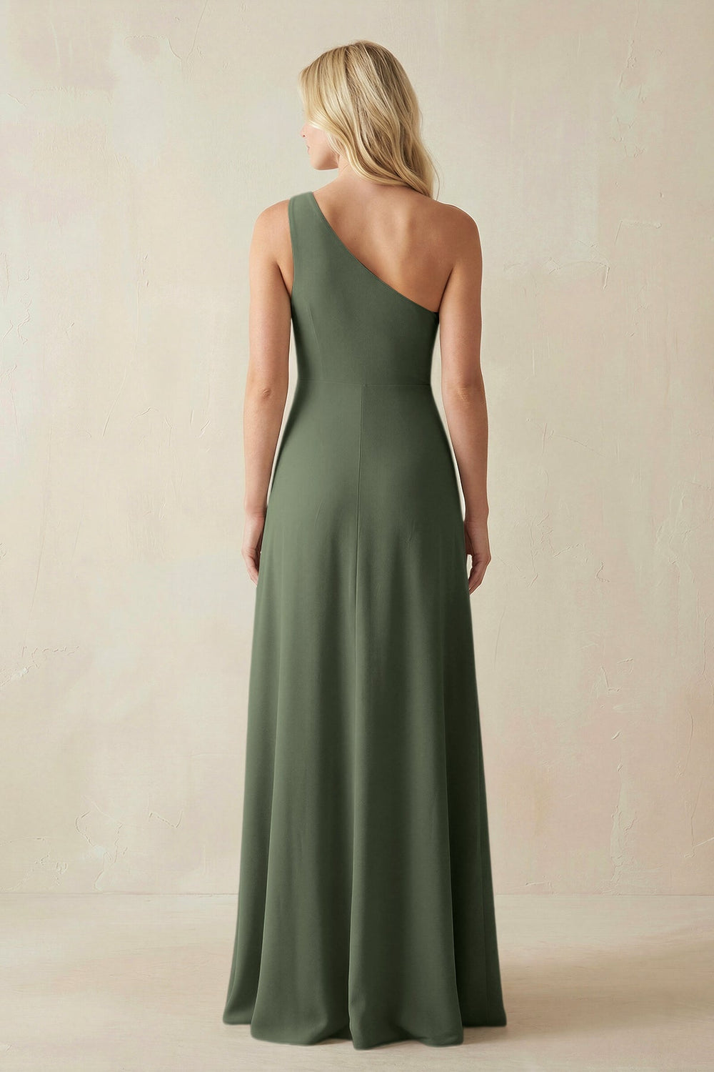 One - Shoulder Sheath Satin Bridesmaid Dress With Slit in Thyme - SHE IS ME Bridesmaid Dresses