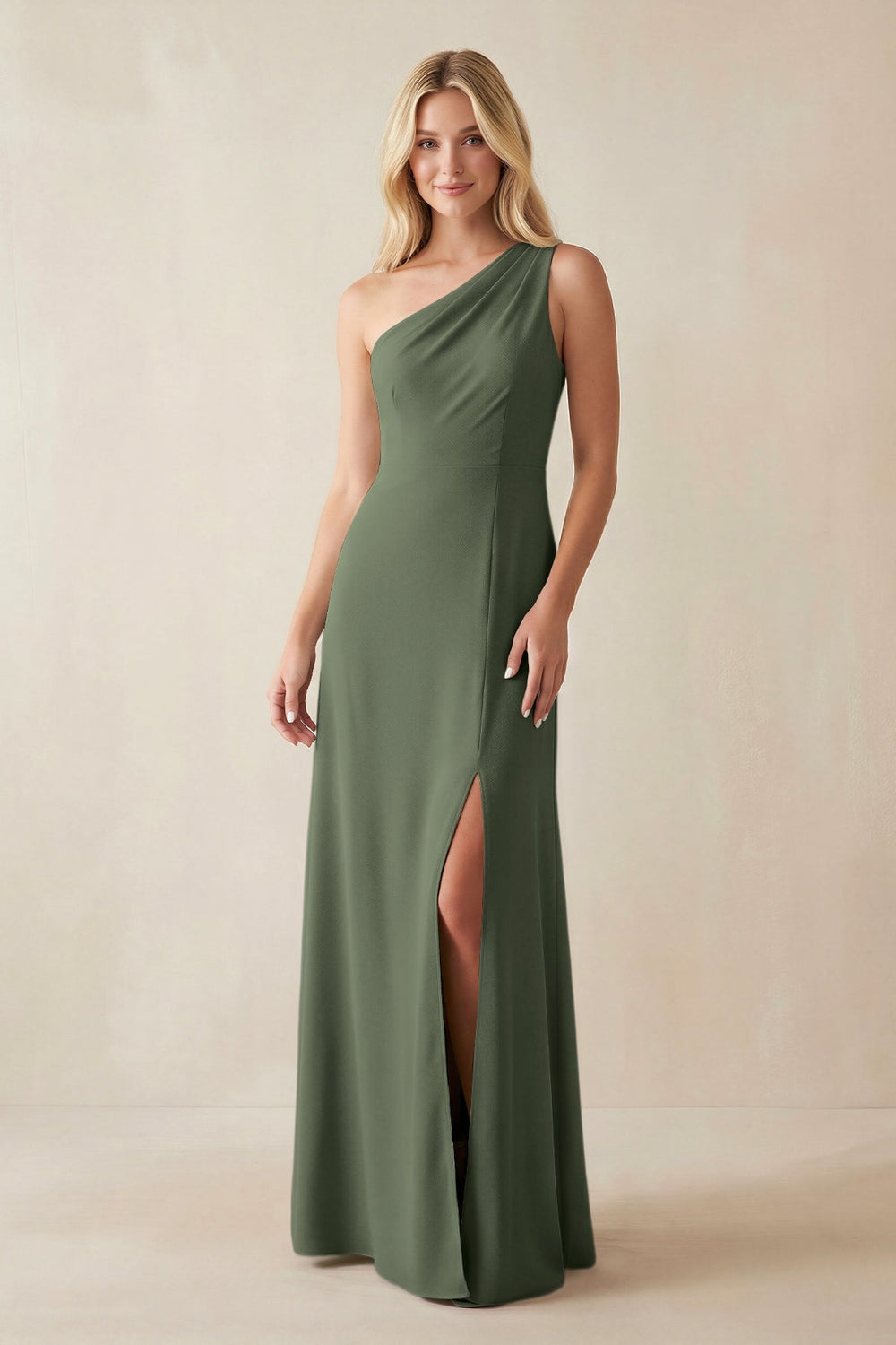 One - Shoulder Sheath Satin Bridesmaid Dress With Slit in Thyme - SHE IS ME Bridesmaid Dresses