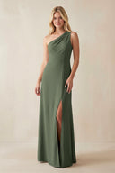 One - Shoulder Sheath Satin Bridesmaid Dress With Slit in Thyme - SHE IS ME Bridesmaid Dresses
