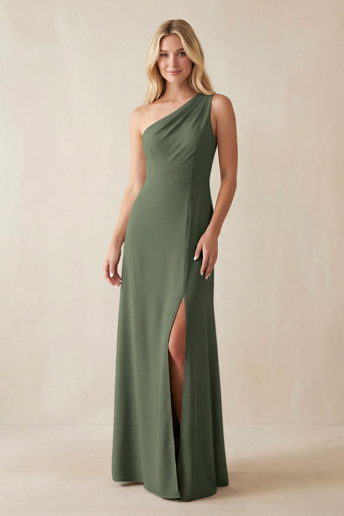 One - Shoulder Sheath Satin Bridesmaid Dress With Slit in Thyme - SHE IS ME Bridesmaid Dresses