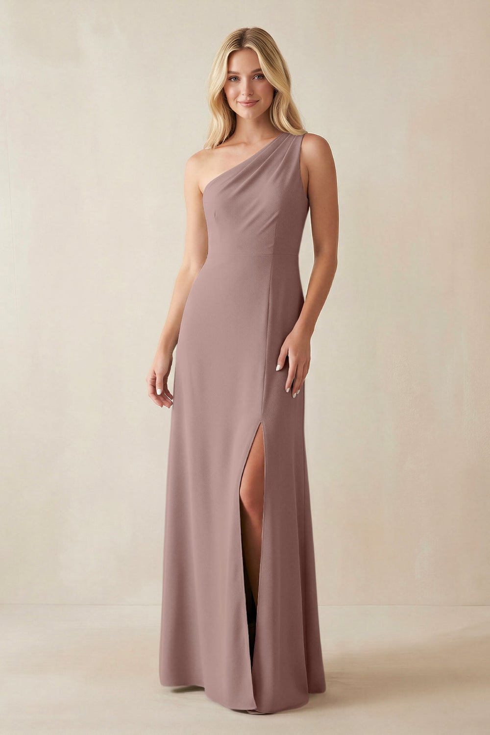 One - Shoulder Sheath Satin Bridesmaid Dress With Slit in Toffee - KISS BRIDAL Bridesmaid Dresses