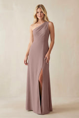 One - Shoulder Sheath Satin Bridesmaid Dress With Slit in Toffee - KISS BRIDAL Bridesmaid Dresses
