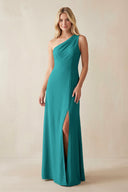 One - Shoulder Sheath Satin Bridesmaid Dress With Slit in Turquoise - KISS BRIDAL Bridesmaid Dresses