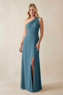 One - Shoulder Sheath Satin Bridesmaid Dress With Slit in Twilight - KISS BRIDAL Bridesmaid Dresses