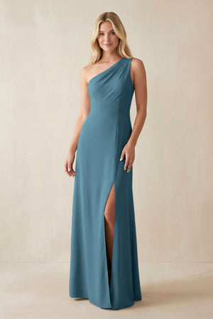 One - Shoulder Sheath Satin Bridesmaid Dress With Slit in Twilight - KISS BRIDAL Bridesmaid Dresses