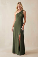 One - Shoulder Sheath Satin Bridesmaid Dress With Slit in Willow Green - SHE IS ME Bridesmaid Dresses