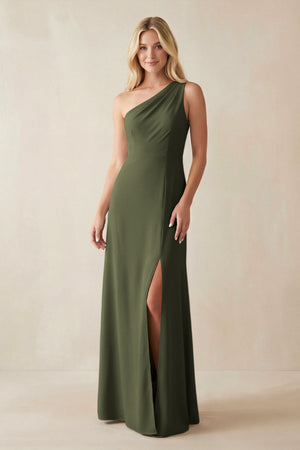 One - Shoulder Sheath Satin Bridesmaid Dress With Slit in Willow Green - SHE IS ME Bridesmaid Dresses