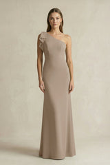 One - Shoulder Sheath Satin Long Bridesmaid Dress in Almond - KISS BRIDAL Bridesmaid Dresses