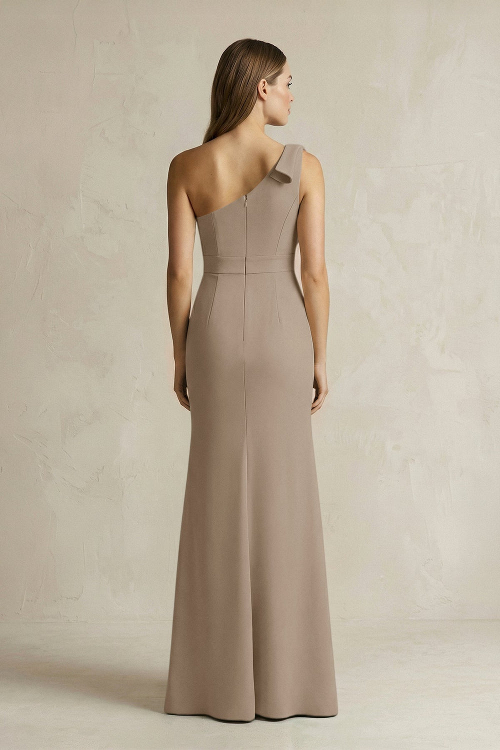 One - Shoulder Sheath Satin Long Bridesmaid Dress in Almond - KISS BRIDAL Bridesmaid Dresses