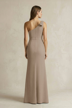 One - Shoulder Sheath Satin Long Bridesmaid Dress in Almond - KISS BRIDAL Bridesmaid Dresses