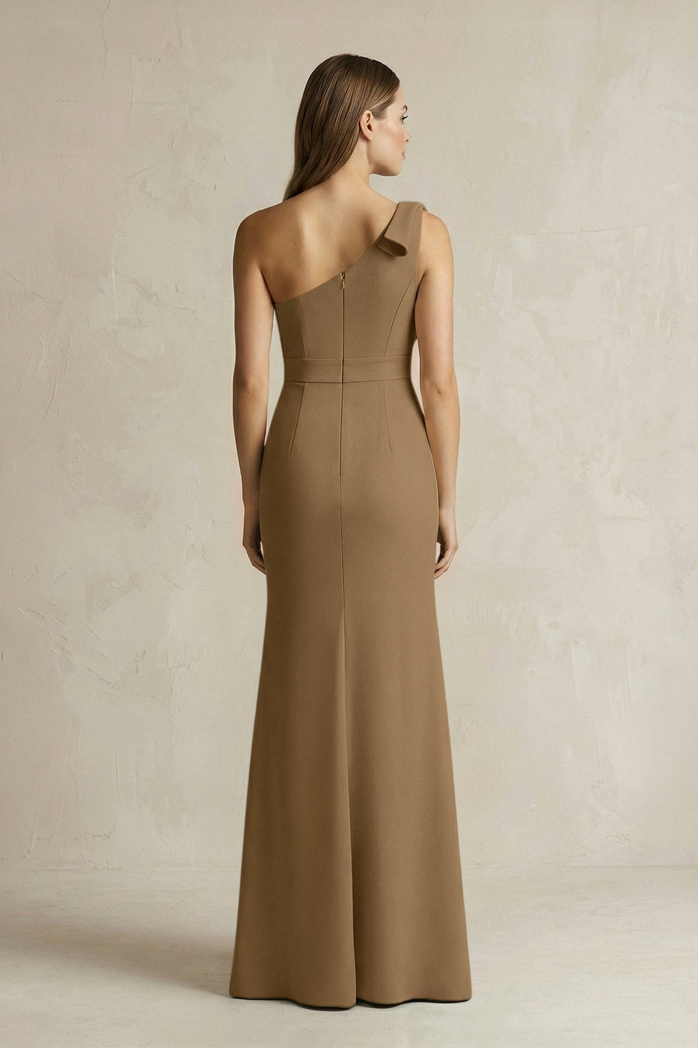 One - Shoulder Sheath Satin Long Bridesmaid Dress in Apple Cinnamon - KISS BRIDAL Bridesmaid Dresses