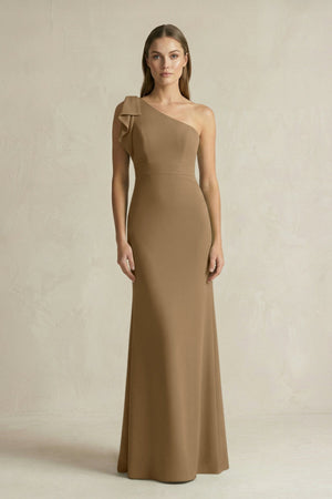 One - Shoulder Sheath Satin Long Bridesmaid Dress in Apple Cinnamon - SHE IS ME Bridesmaid Dresses