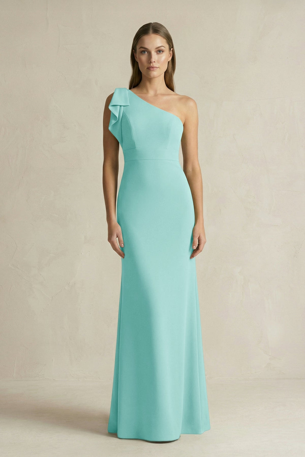 One - Shoulder Sheath Satin Long Bridesmaid Dress in Aqua - KISS BRIDAL Bridesmaid Dresses