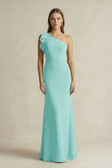 One - Shoulder Sheath Satin Long Bridesmaid Dress in Aqua - KISS BRIDAL Bridesmaid Dresses