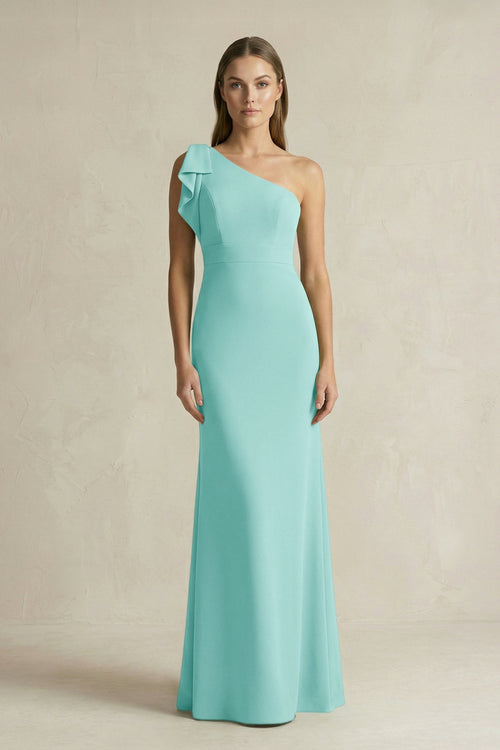 One - Shoulder Sheath Satin Long Bridesmaid Dress in Aqua - SHE IS ME Bridesmaid Dresses