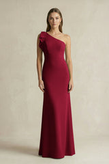 One - Shoulder Sheath Satin Long Bridesmaid Dress in Berry - KISS BRIDAL Bridesmaid Dresses