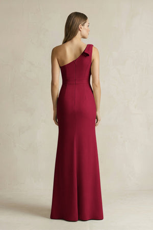 One - Shoulder Sheath Satin Long Bridesmaid Dress in Berry - SHE IS ME Bridesmaid Dresses