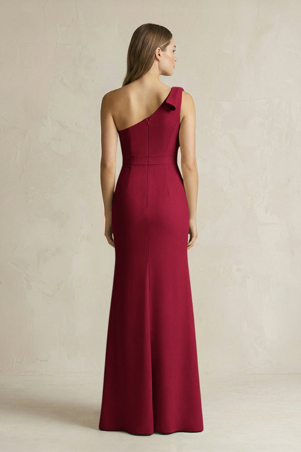 One - Shoulder Sheath Satin Long Bridesmaid Dress in Berry - SHE IS ME Bridesmaid Dresses
