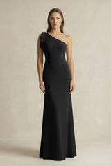 One - Shoulder Sheath Satin Long Bridesmaid Dress in Black - KISS BRIDAL Bridesmaid Dresses