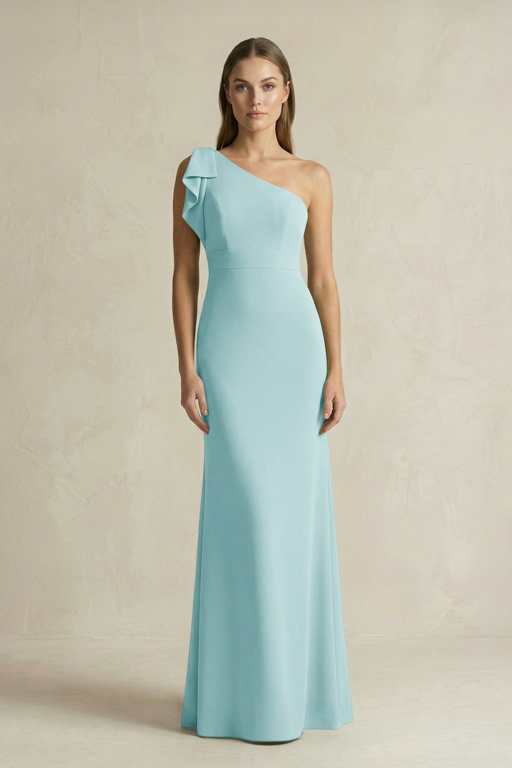 One - Shoulder Sheath Satin Long Bridesmaid Dress in Bleached Aqua - KISS BRIDAL Bridesmaid Dresses