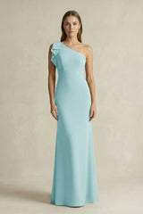 One - Shoulder Sheath Satin Long Bridesmaid Dress in Bleached Aqua - KISS BRIDAL Bridesmaid Dresses