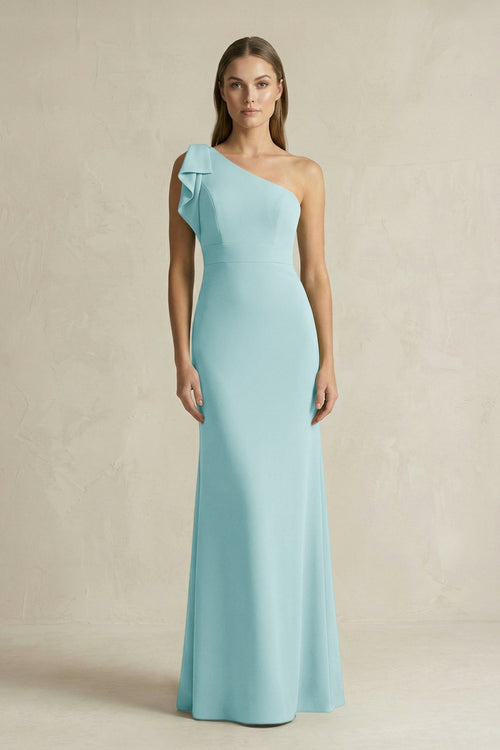 One - Shoulder Sheath Satin Long Bridesmaid Dress in Bleached Aqua - SHE IS ME Bridesmaid Dresses
