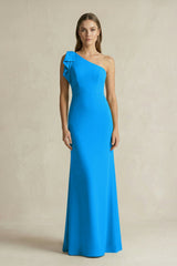 One - Shoulder Sheath Satin Long Bridesmaid Dress in Blue Jay - KISS BRIDAL Bridesmaid Dresses