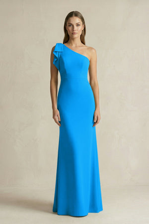 One - Shoulder Sheath Satin Long Bridesmaid Dress in Blue Jay - SHE IS ME Bridesmaid Dresses