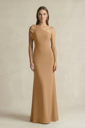 One - Shoulder Sheath Satin Long Bridesmaid Dress in Bronzer - SHE IS ME Bridesmaid Dresses