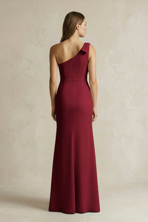 One - Shoulder Sheath Satin Long Bridesmaid Dress in Burgundy - KISS BRIDAL Bridesmaid Dresses