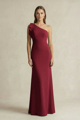One - Shoulder Sheath Satin Long Bridesmaid Dress in Burgundy - KISS BRIDAL Bridesmaid Dresses