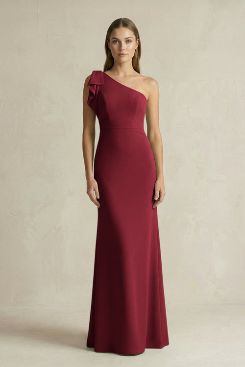 One - Shoulder Sheath Satin Long Bridesmaid Dress in Burgundy - KISS BRIDAL Bridesmaid Dresses