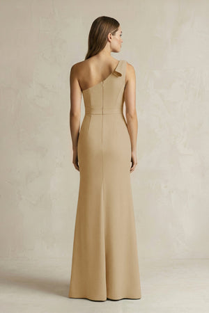 One - Shoulder Sheath Satin Long Bridesmaid Dress in Champagne - KISS BRIDAL Bridesmaid Dresses