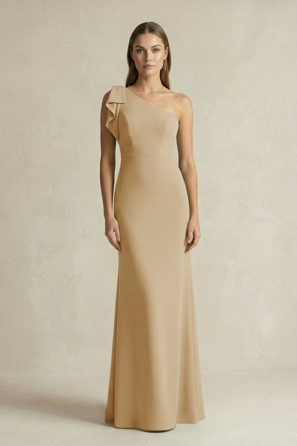 One - Shoulder Sheath Satin Long Bridesmaid Dress in Champagne - KISS BRIDAL Bridesmaid Dresses