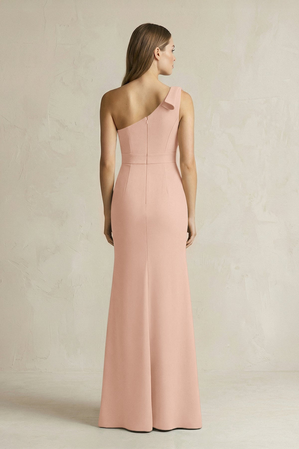 One - Shoulder Sheath Satin Long Bridesmaid Dress in Champagne Rose - KISS BRIDAL Bridesmaid Dresses