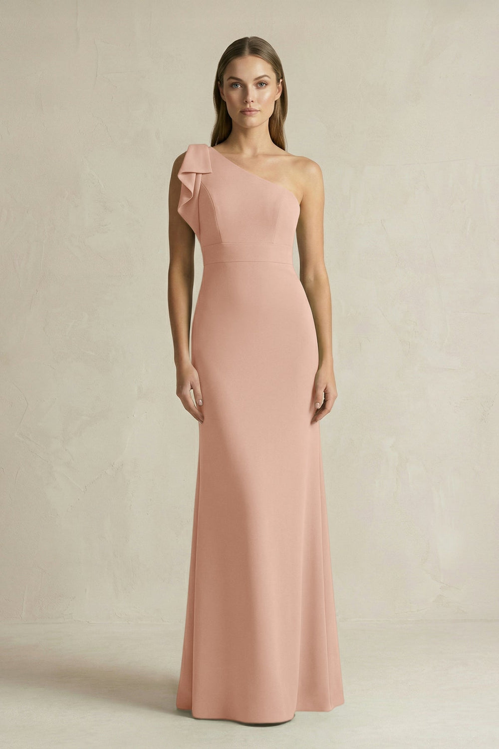 One - Shoulder Sheath Satin Long Bridesmaid Dress in Champagne Rose - KISS BRIDAL Bridesmaid Dresses