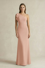 One - Shoulder Sheath Satin Long Bridesmaid Dress in Champagne Rose - KISS BRIDAL Bridesmaid Dresses