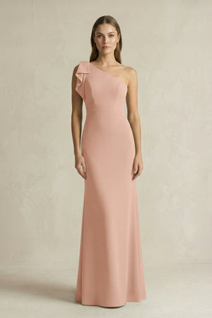 One - Shoulder Sheath Satin Long Bridesmaid Dress in Champagne Rose - KISS BRIDAL Bridesmaid Dresses