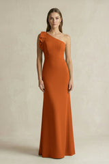 One - Shoulder Sheath Satin Long Bridesmaid Dress in Cinnamon - KISS BRIDAL Bridesmaid Dresses