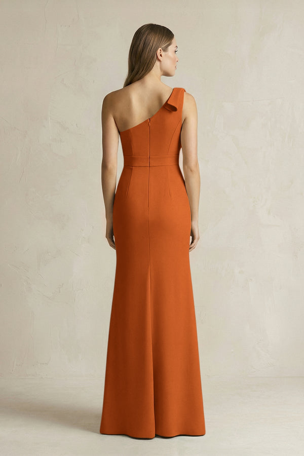 One - Shoulder Sheath Satin Long Bridesmaid Dress in Cinnamon - SHE IS ME Bridesmaid Dresses