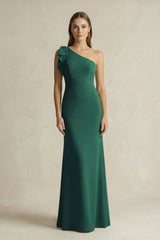 One - Shoulder Sheath Satin Long Bridesmaid Dress in Dark Green - KISS BRIDAL Bridesmaid Dresses