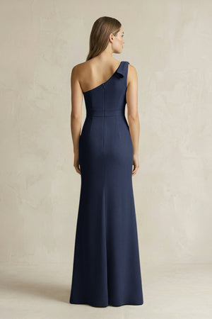 One - Shoulder Sheath Satin Long Bridesmaid Dress in Dark Navy - SHE IS ME Bridesmaid Dresses