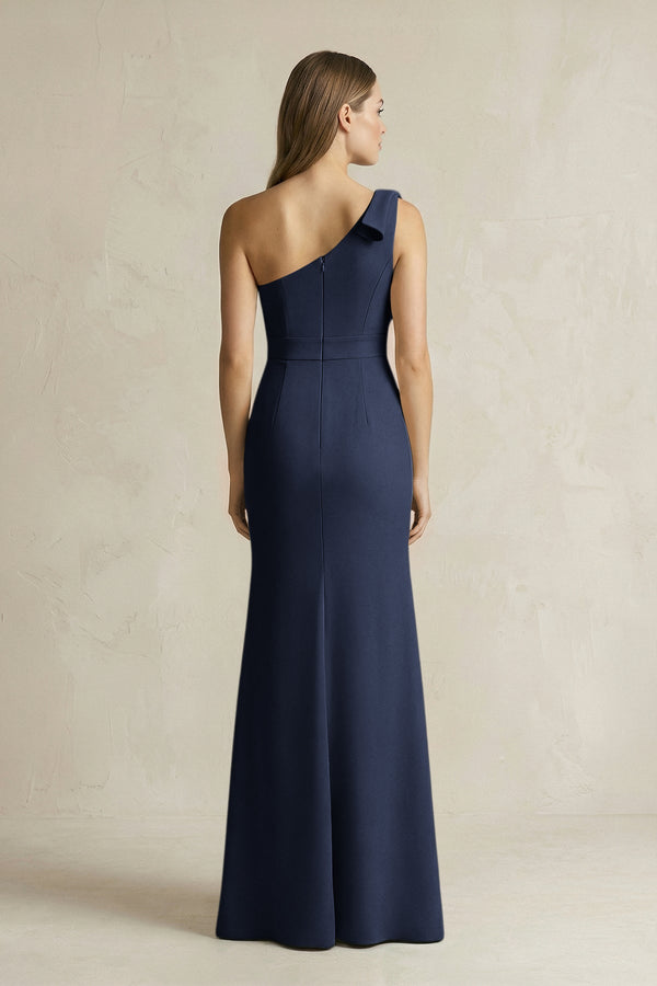 One - Shoulder Sheath Satin Long Bridesmaid Dress in Dark Navy - SHE IS ME Bridesmaid Dresses